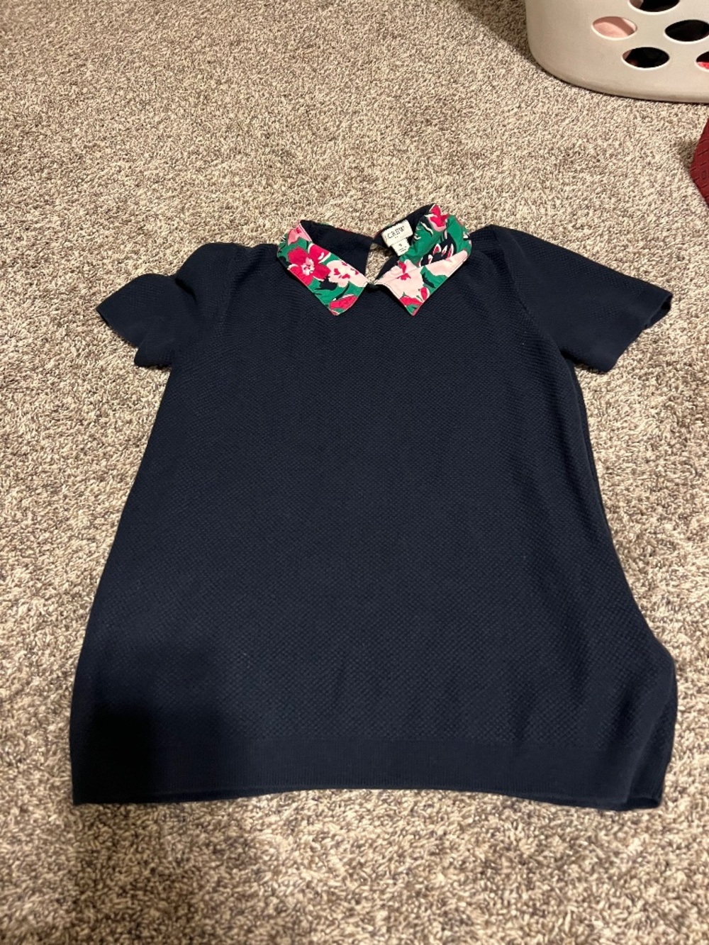 Jcrew navy sweater with floral collar